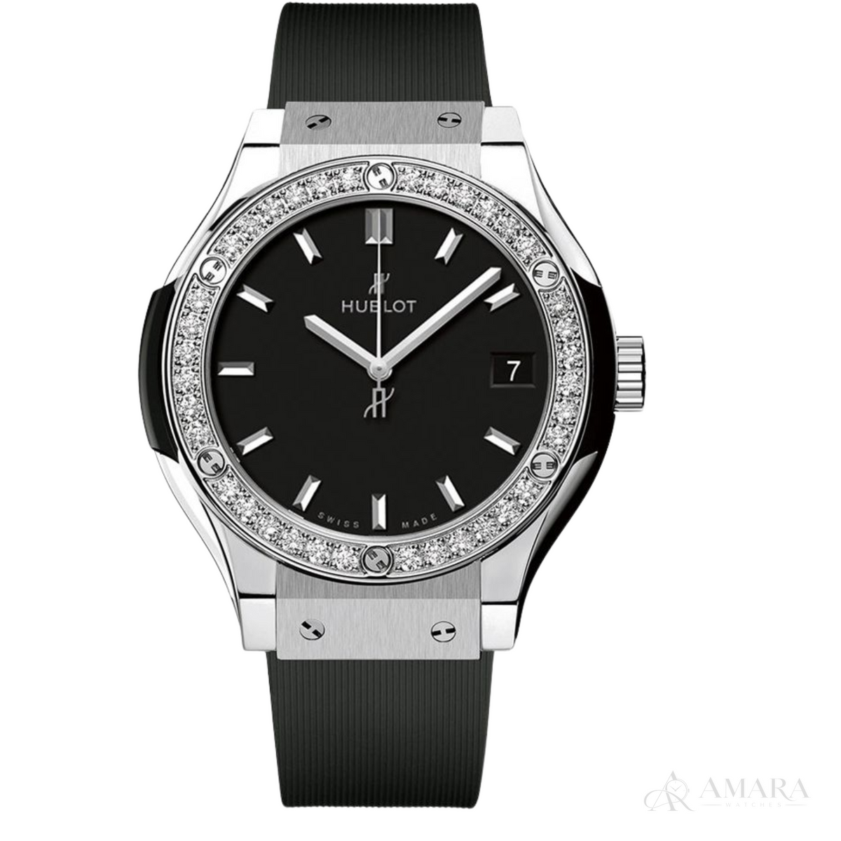 Hublot Classic Fusion Ladies Watch – Black Diamond Detail & Ribbed Strap